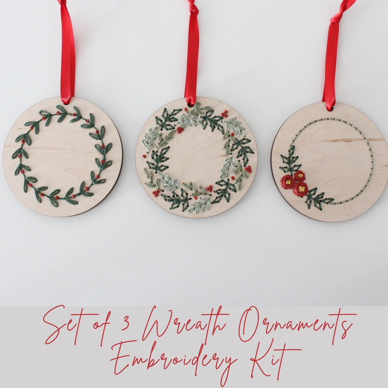 3 Wooden Christmas Wreath Embroidered Ornaments Kit - The Art of Home - Jacquelynne Steves