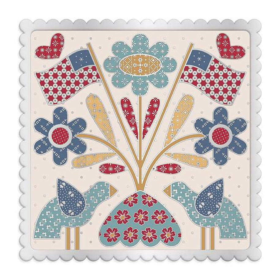 American magnetic needle and scissor minder quilt block with birds, flowers, and flags on a white background