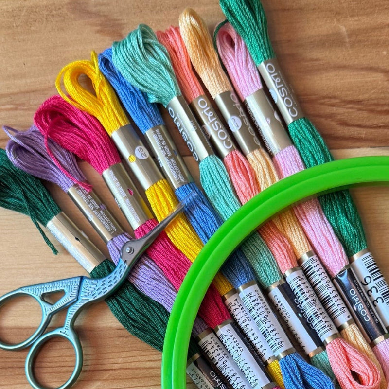 Embroidery hoop with colorful threads and scissors on a wooden surface
