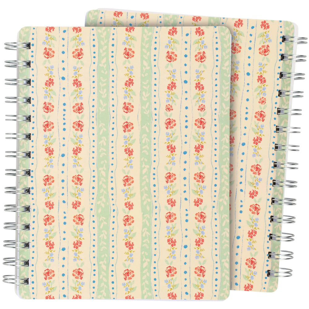 spiral notebook with red flowers in stripe pattern