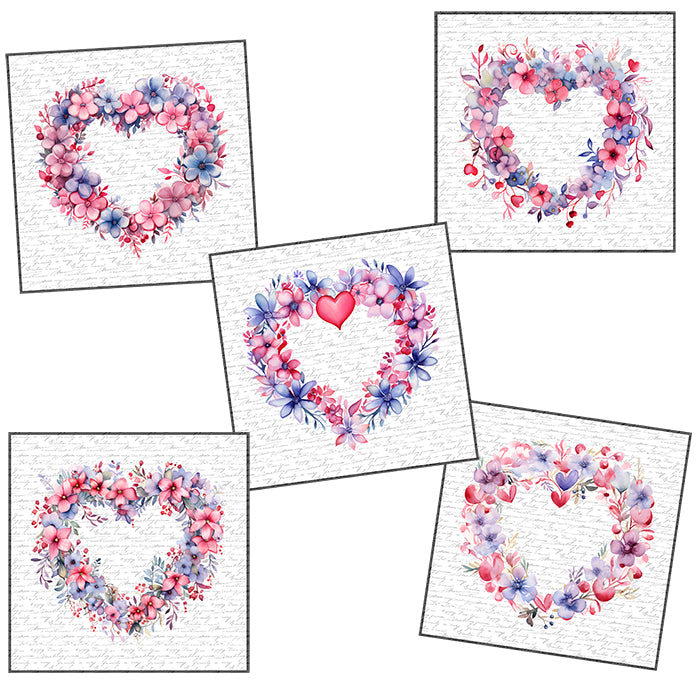 Floral Heart Wreaths 4" Fabric Panels - Set of 5 - The Art of Home - Jacquelynne Steves
