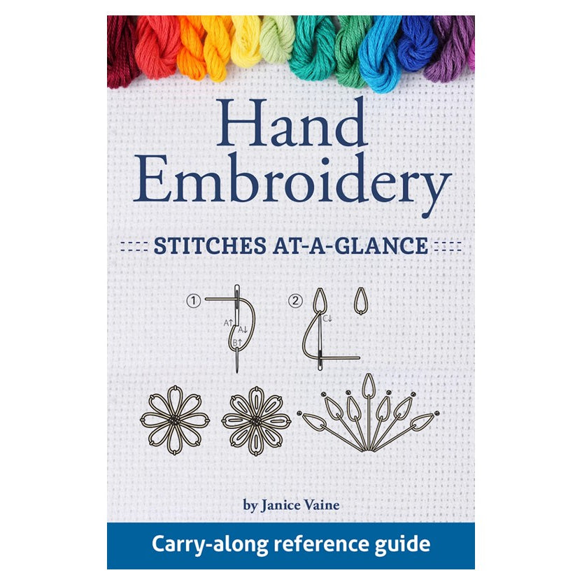 Book cover of 'Hand Embroidery Stitches at a Glance' with colorful embroidery threads at the top.