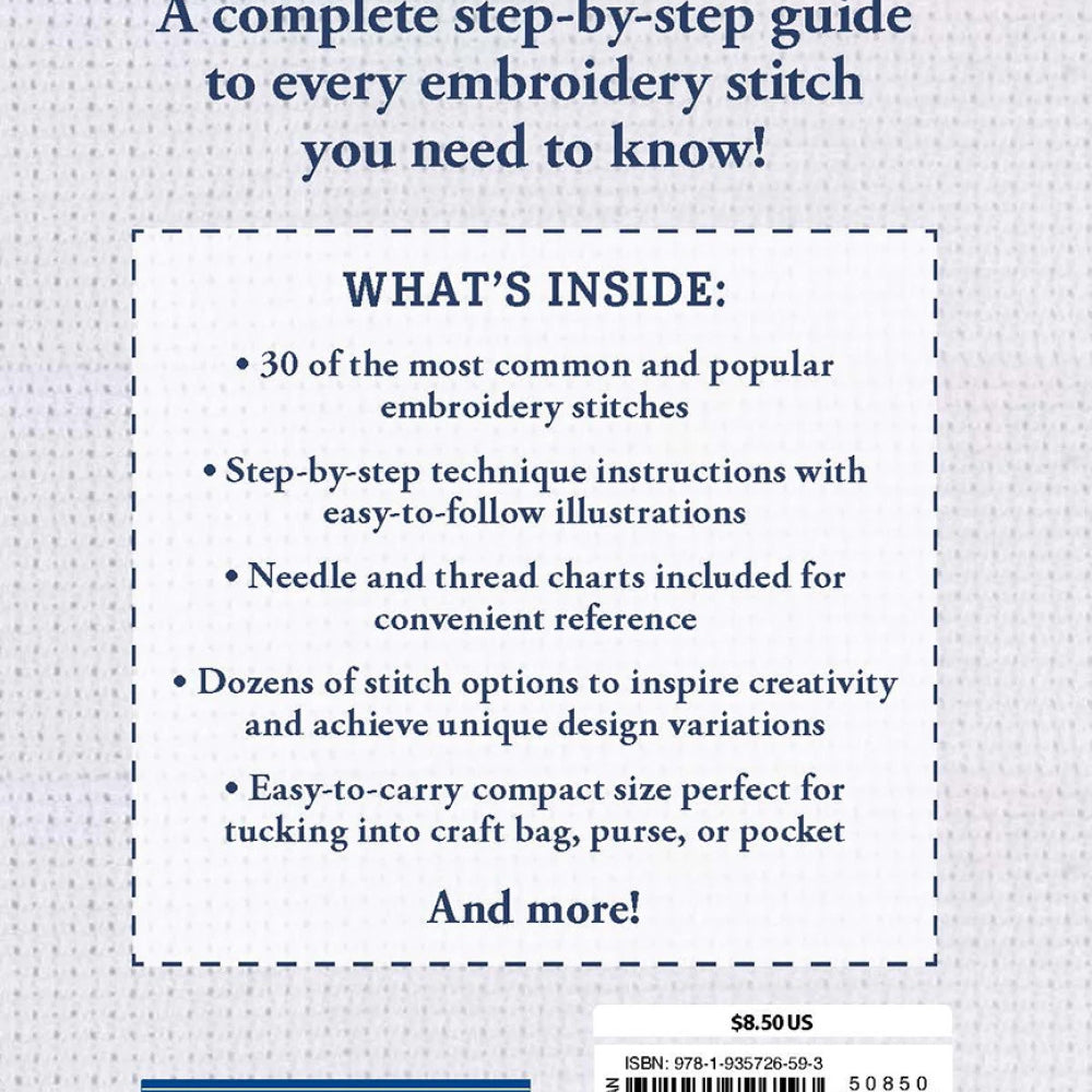 Back cover of a book about embroidery with text and colorful yarn.
