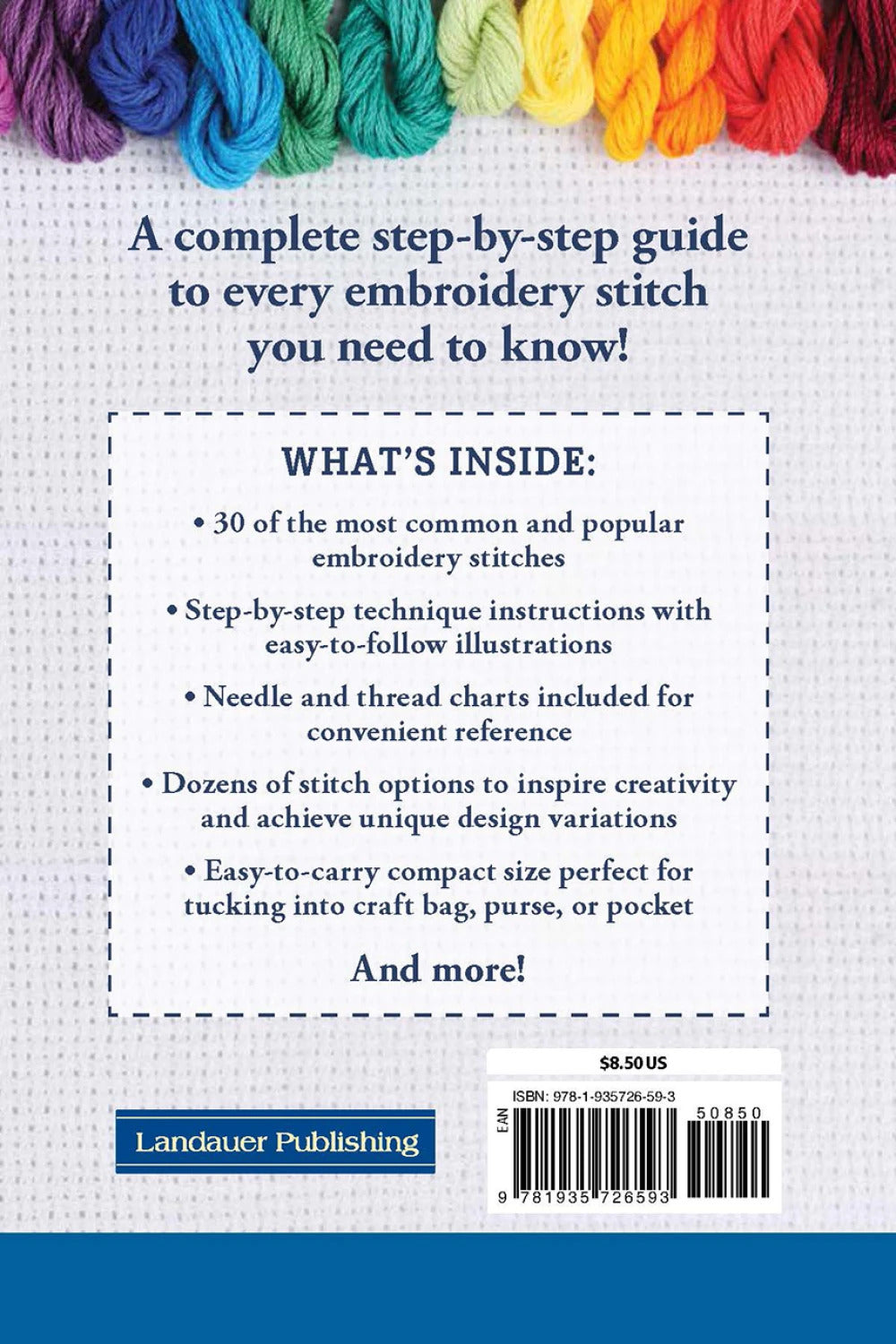 Back cover of a book about embroidery with text and colorful yarn.