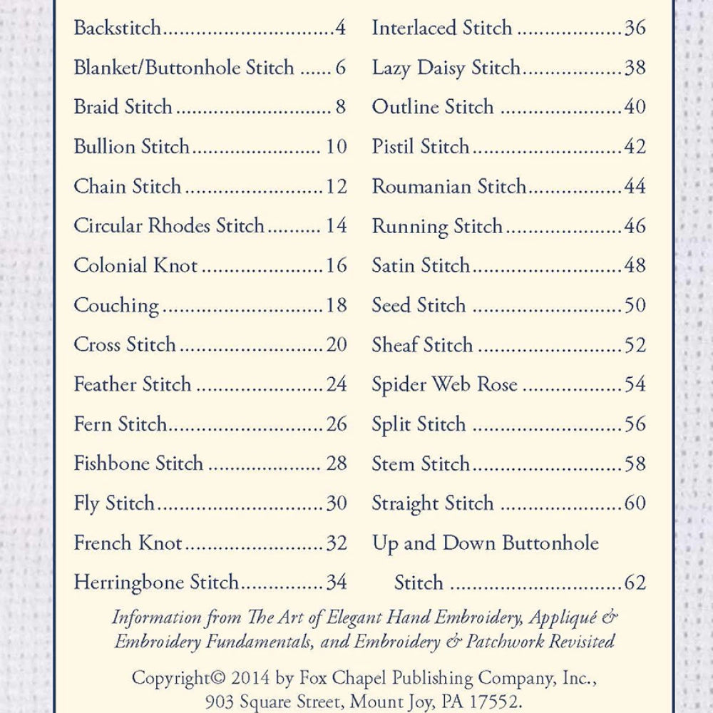 Table of contents for a sewing or embroidery book with needle and thread usage listed.
