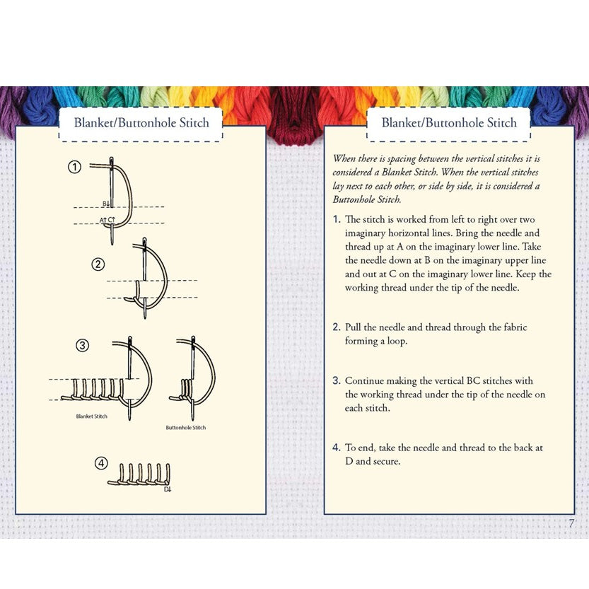 Instructional diagram and text on blanket/buttonhole stitch with colorful fabric background
