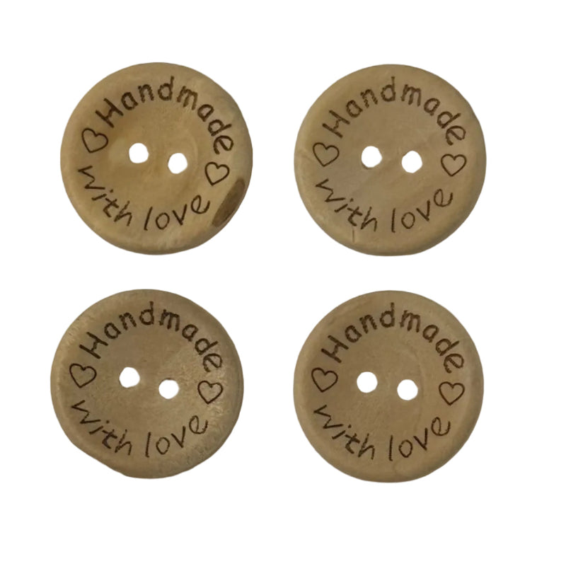 Four wooden buttons with 'Handmade with Love' text on a white background