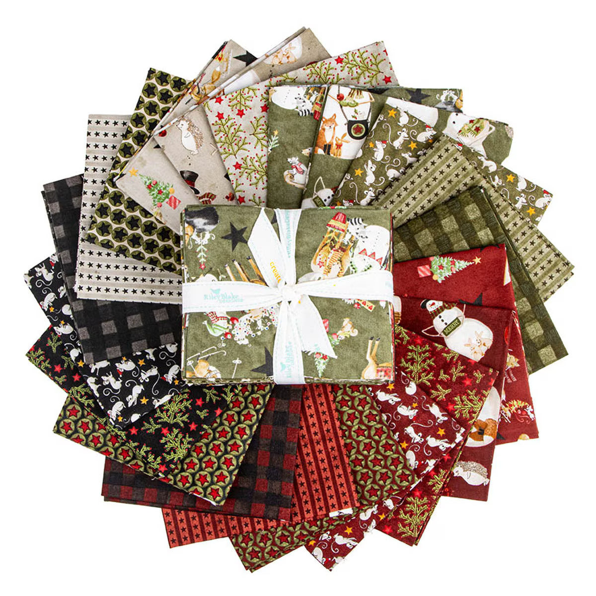 Collection of Christmas-themed fabric squares in various patterns on a white background