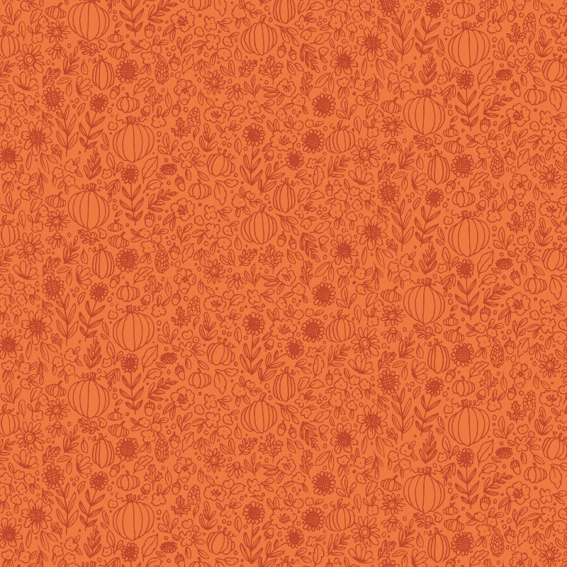 Pattern of pumpkins and flowers on an orange background