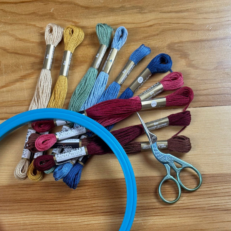 Embroidery hoop with colorful threads and scissors on a wooden table