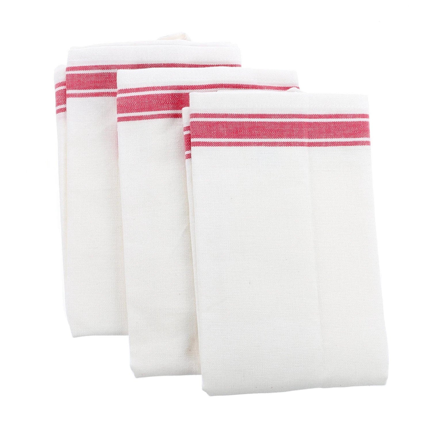 Three folded white towels with red stripes near the top, arranged in a stack on a plain white background.