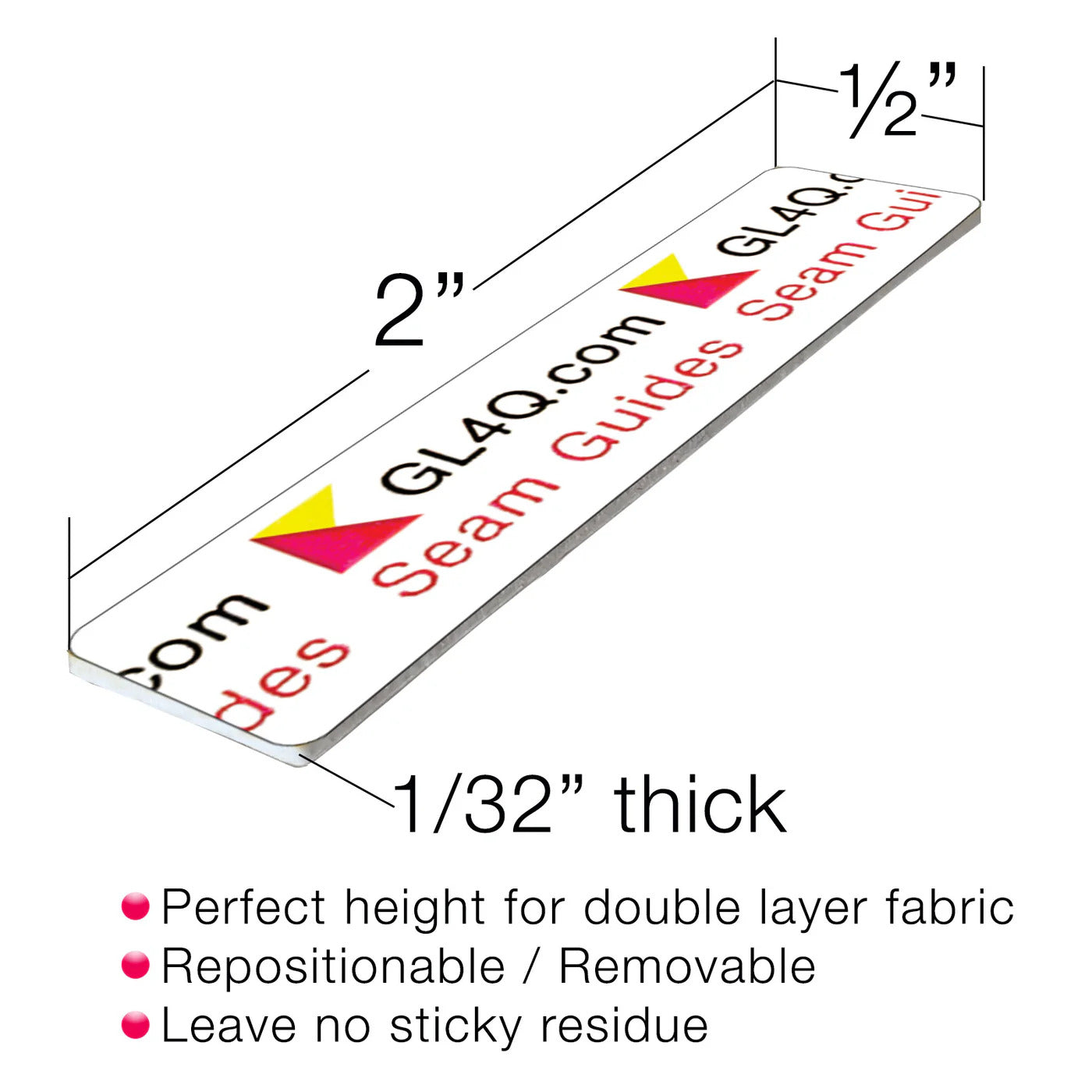 Measurement chart for GL4Q seam guide with dimensions and features listed.