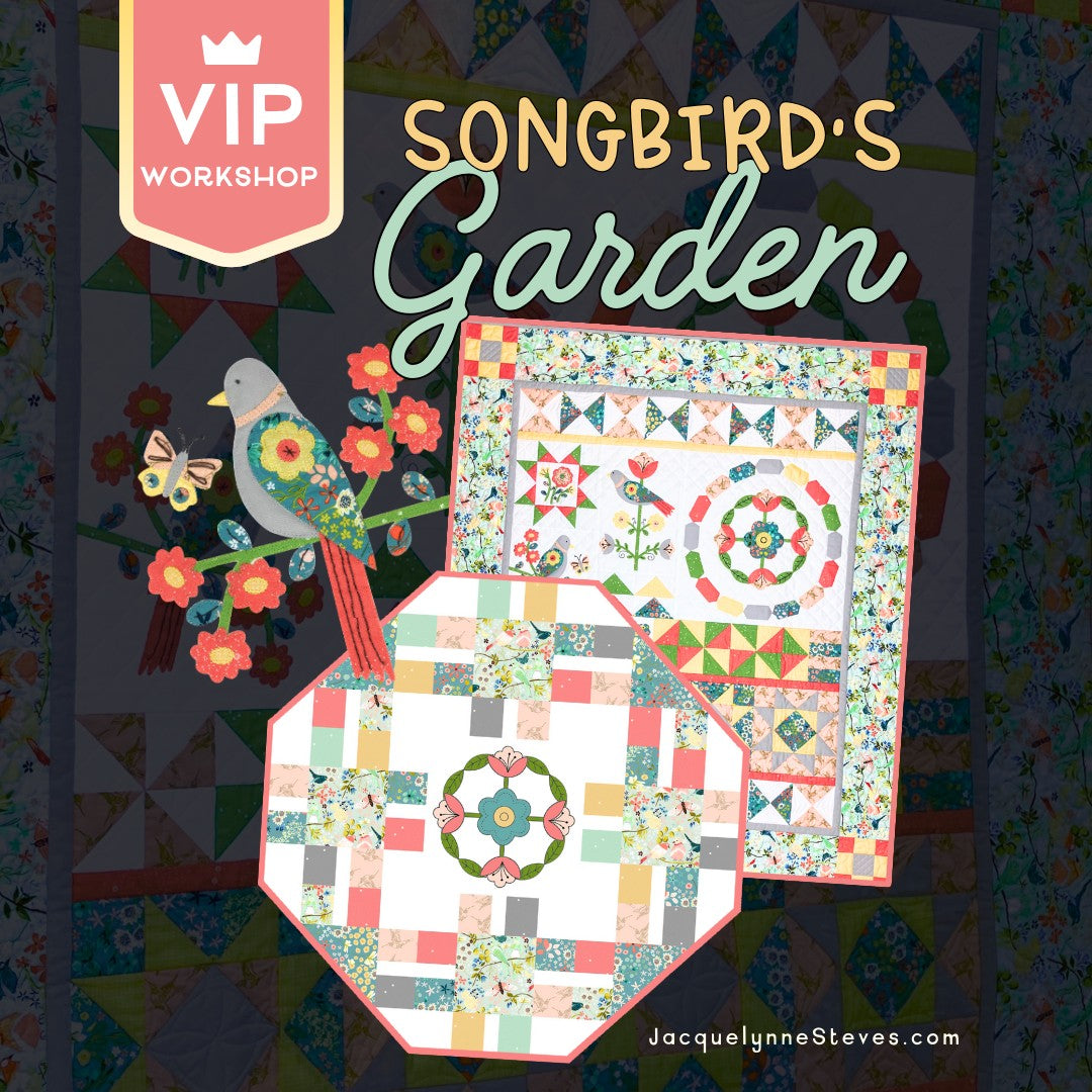 Colorful quilt design with 'Songbird's Garden' Block of the Month VIP Workshop.
