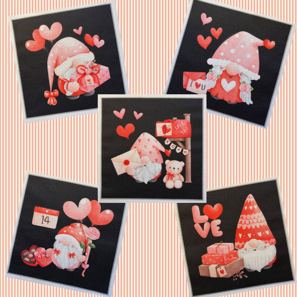 Valentine Gnomes 4" Fabric Panels - Set of 5 - The Art of Home - Jacquelynne Steves