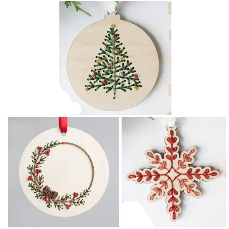 Collage of Christmas-themed wooden ornaments including a tree, wreath, and snowflake design.