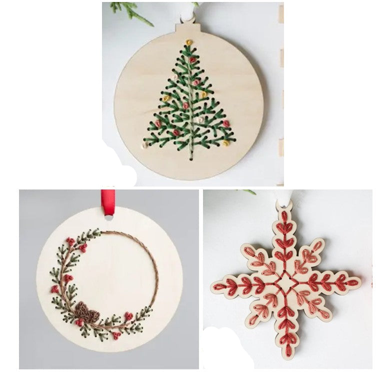 Collage of Christmas-themed wooden ornaments including a tree, wreath, and snowflake design.