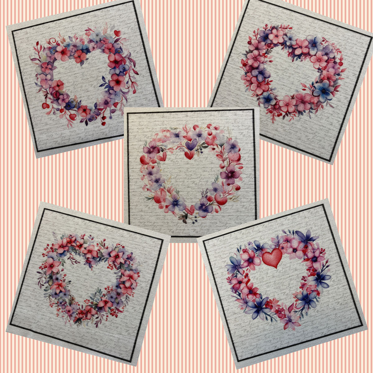 Floral Heart Wreaths 4" Fabric Panels - Set of 5 - The Art of Home - Jacquelynne Steves