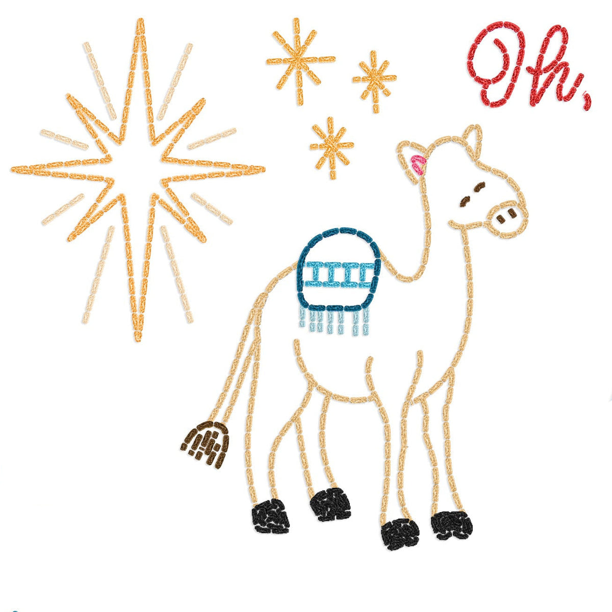 A Christmas embroidery design sheet featuring 'Oh, Holy Night' text in red script, a golden star, a camel with a blue basket, an angel in light blue, and three nativity scenes with Mary, Joseph, and baby Jesus in different colored outlines on a white background.