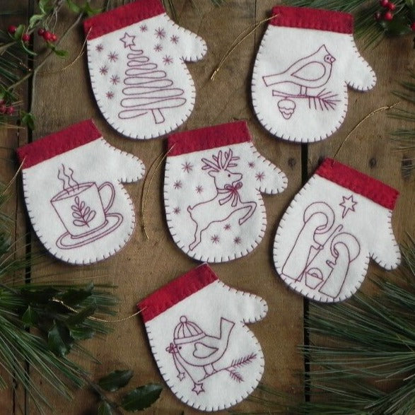 Redwork Mittens Ornaments Kit - Jacquelynne Steves