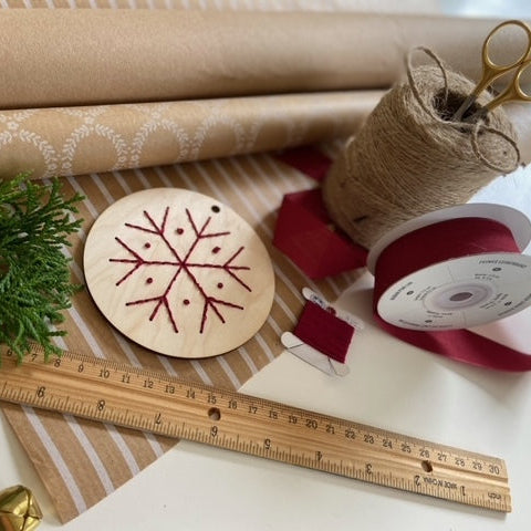 Sample Wooden Ornament Embroidered Snowflake Design DIY Kit