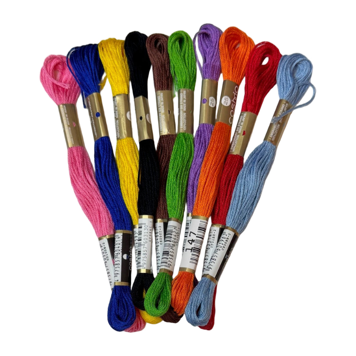 Set of colorful embroidery threads on a white background
