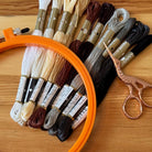 Set of embroidery hoops, threads, and scissors on a wooden surface background.