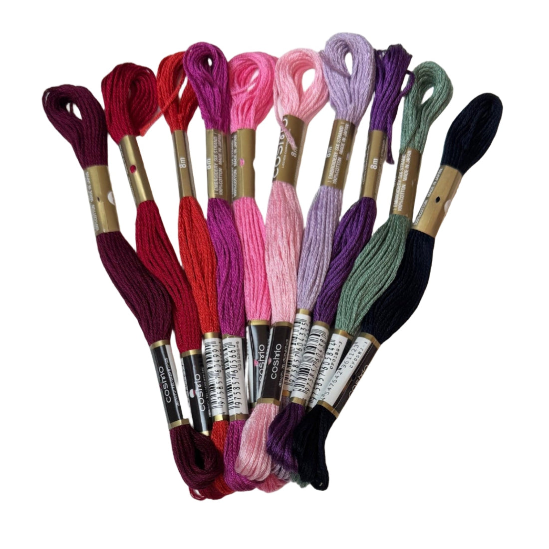 Assorted skeins of embroidery floss on a white surface