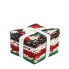 Stack of fabric bundles with floral patterns tied together on a white background