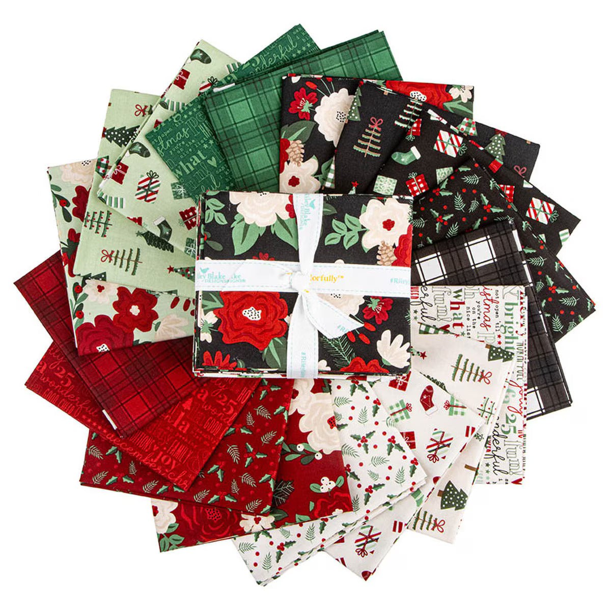 Collection of festive fabric squares with Christmas patterns on a white background