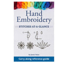 Book cover of 'Hand Embroidery Stitches at a Glance' with colorful embroidery threads at the top.
