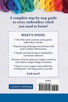 Back cover of a book about embroidery with text and colorful yarn.