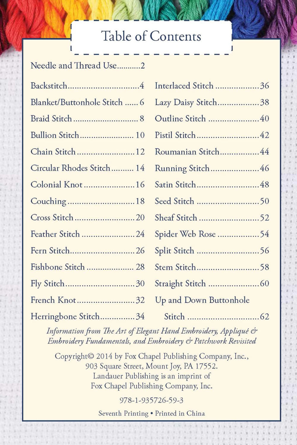 Table of contents for a sewing or embroidery book with needle and thread usage listed.