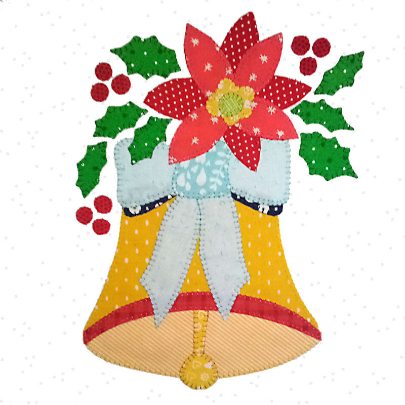 A festive applique Christmas bell design with a large red poinsettia flower, green holly leaves, red berries, and a yellow bell with a pale blue bow on a white background.