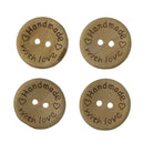 Four wooden buttons with 'Handmade with Love' text on a white background