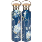 Water bottle with blue hydrangeas on dark blue background and wood lid.