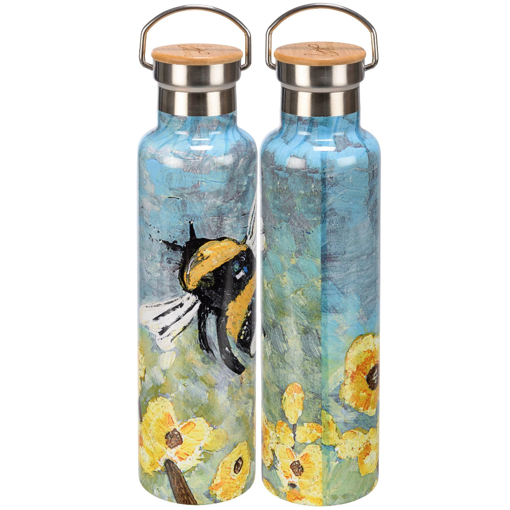 water bottle with bumble bee and flower artwork on blue background with wood lid.