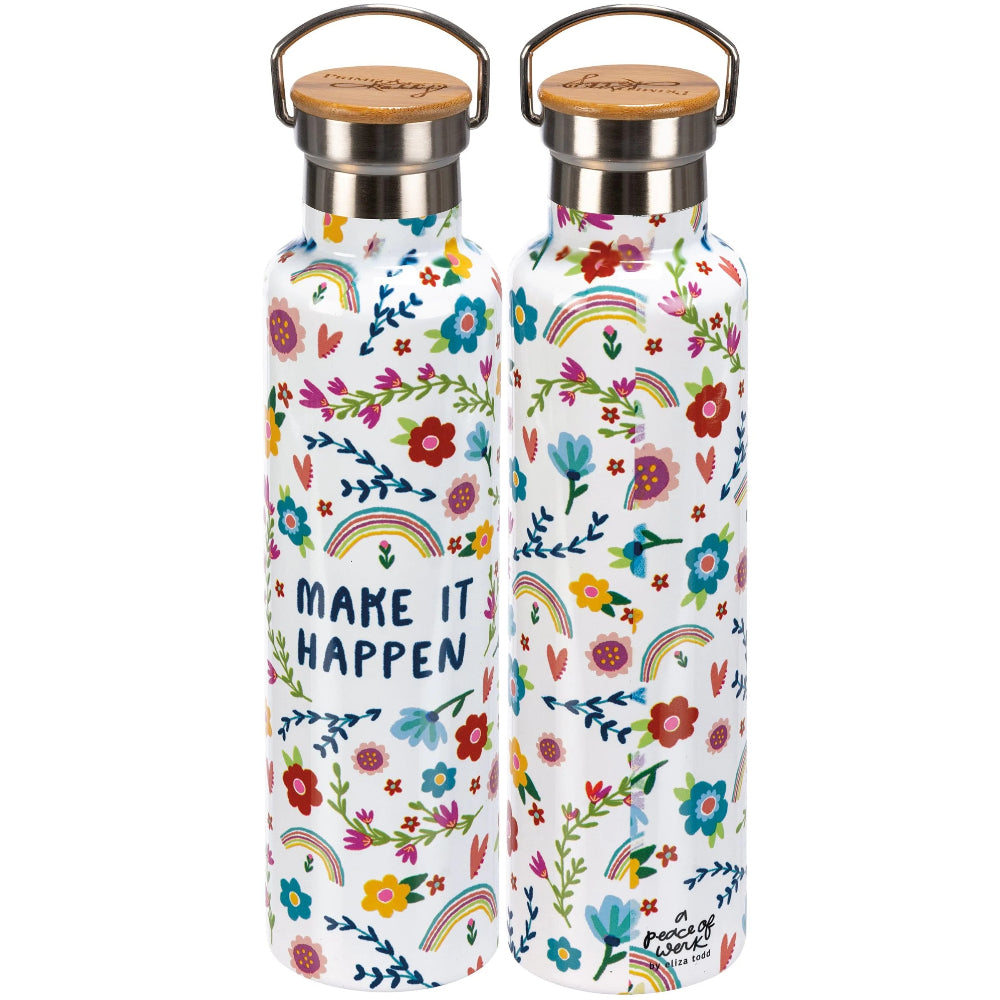 Water bottle with flowers on white background says Make It Happen with wood lid.