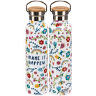 Water bottle with flowers on white background says Make It Happen with wood lid.