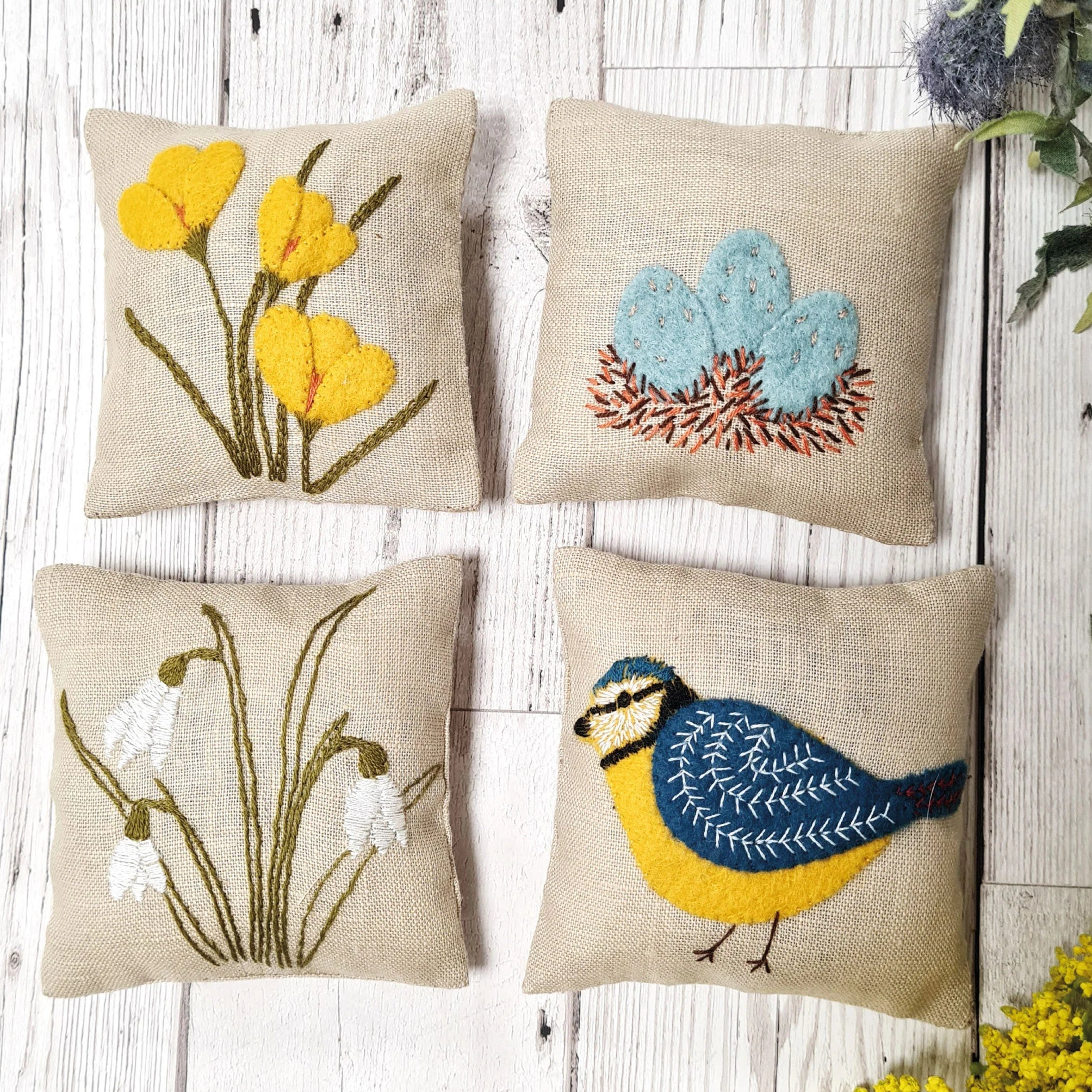 Linen & Lavender Sachets or Pin Cushion Embroidery Kit - Spring Garden - Jacquelynne Steves