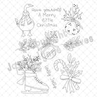 Black and white Christmas line art illustrations on a white background, including a duck with a scarf, holly sprigs, ornaments, a boot with berries, candy canes, and the text 'Have yourself A Merry Little Christmas' and 'Holly Jolly'.