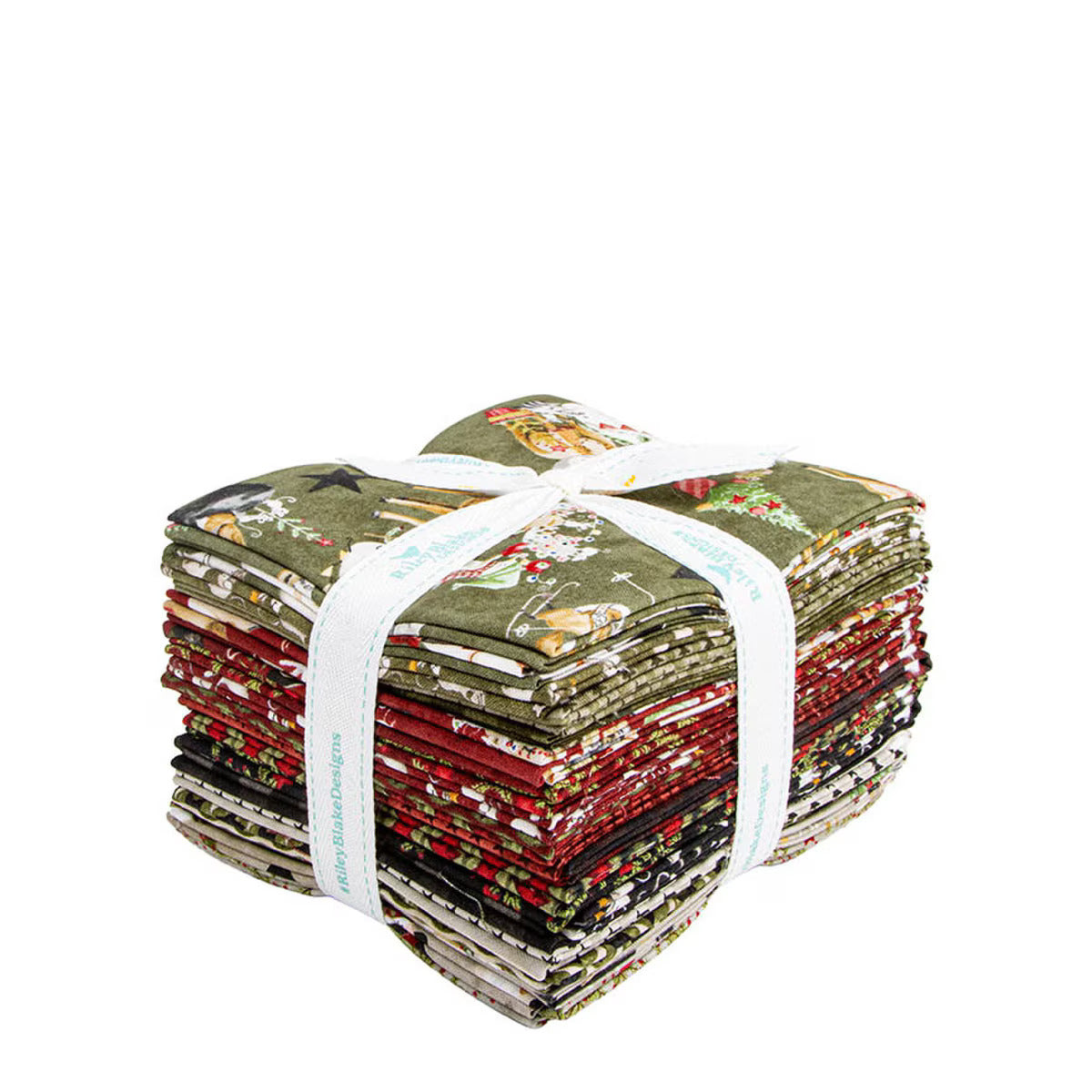 Stack of fabric bundles tied together on a white background