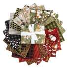 Collection of Christmas-themed fabric squares in various patterns on a white background