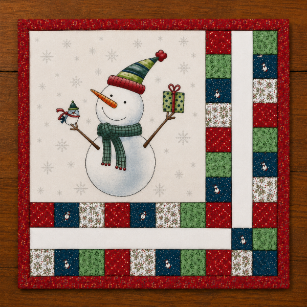 Mini quilt of snowman holding bird and present with patchwork edges.