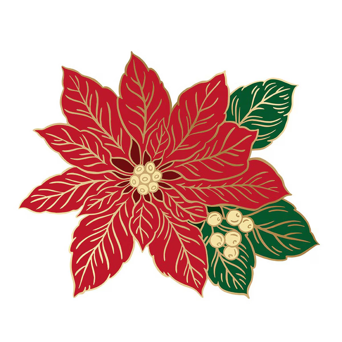 Red poinsettia flower with green leaves on a white background