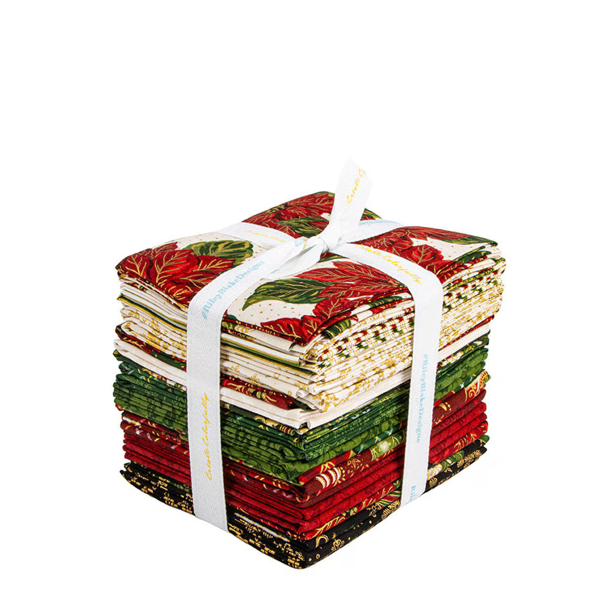 Stack of fabric squares tied with white ribbon on a white background