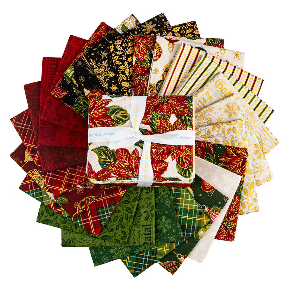 Collection of festive fabric swatches in various patterns and colors.