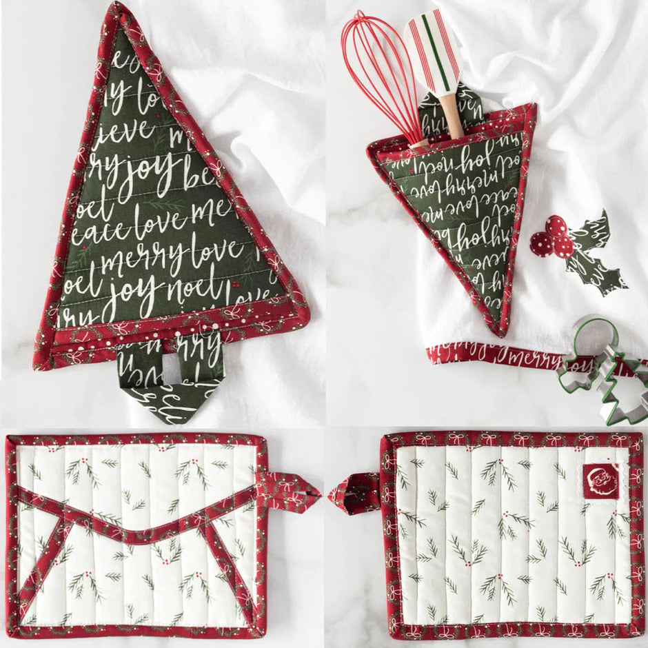 Set of Christmas-themed potholders and kitchen utensil holder on a white background