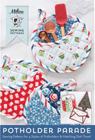 Sewing pattern book cover for 'Potholder Parade' with potholders and dish towel on a white background.
