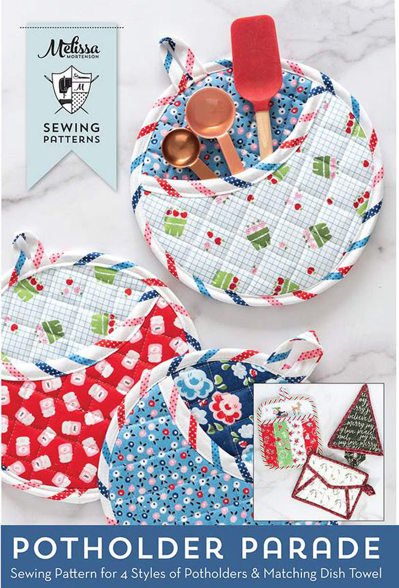 Sewing pattern book cover for 'Potholder Parade' with potholders and dish towel on a white background.