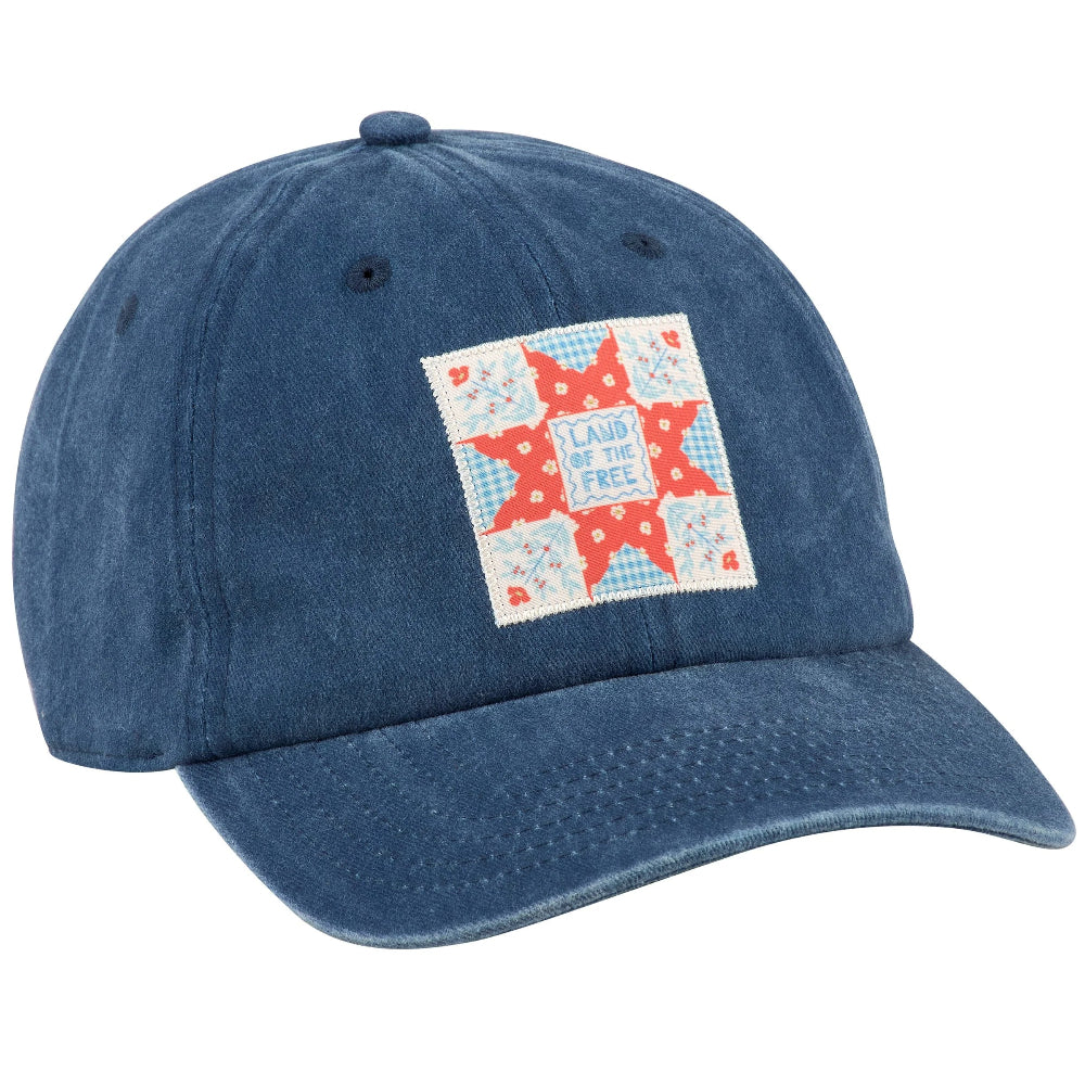 Denim Blue Baseball Cap with quilt block patch saying Land of the Free